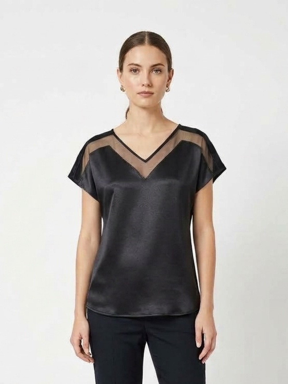 Express Black Satin Top with Sheer V-Inset & Straight Black Pants